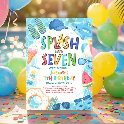 Splash Into Seven 7th Birthday Pool Party Invitation, Boys Pool Party Invite, Editable Summer Swim Birthday, Dive Into Seven Template - Etsy