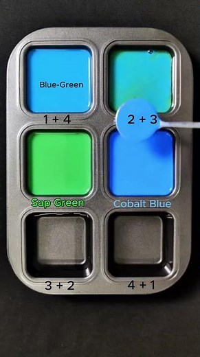 Create 4 colors from 2 colors: Sap Green + Cobalt Blue #asmr #colors #mixing #mix #colormixing