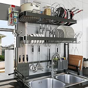LIVOD Over The Sink Dish Drying Rack,3 Tier Adjustable Length Full Stainless Steel Large Storage Kitchen Dish Rack,for Kitchen Counter Expandable Multifunctional Organizers,Silver (25.5'' to 37.6'')