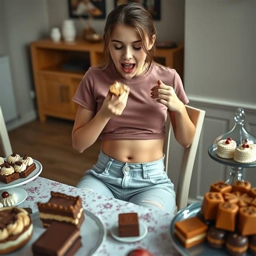 Girl eating her cake, becomes quite bloated and happy about it Version 1
