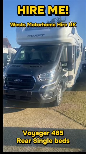 Hire Me! 🚐. Set off in our Swift Voyager 485 Motorhome, designed to comfortably accommodate up to five people. The layout includes twin single beds with an exceptionally large storage area beneath, a drop-down double bed over the cab, and a dinette that converts into a generous single bed. This stylish motorhome also offers a modern kitchen and bathroom, providing all the home-from-home comforts needed for your adventures. We are also dog friendly so your furry friend can travel too! 🐶 For mor