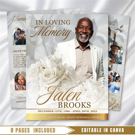 White Gold Roses Funeral Program Template: 8-page Memorial (canva PDF) - Etsy