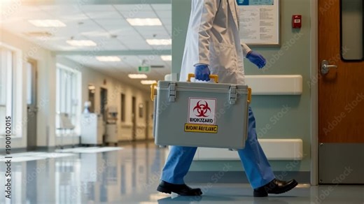Medical professional carrying a biohazard transport container in a hospital corridor. Healthcare worker transporting hazardous materials. Clinical safety and logistics concept