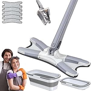 X-Shape Microfiber Mop - Floor Mop, Lazy Butterfly Mop, Mops for Floor Cleaning, 360° Rotating Hand Wash Free Flat Mop, Hand-Free Wash Self Wringing Flat Mops (Mop+5 Cloth+Folding Barrel)