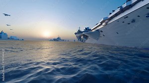 Aircraft carrier formation exercises in the sea.