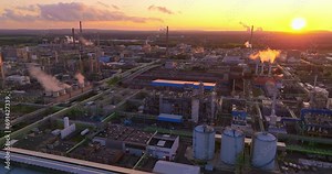 Hydrogen renewable energy production - gas for clean electricity. Aerial view of tanks with hydrogen. Hydrogen factory concept. Hydrogen production from renewable energy sources