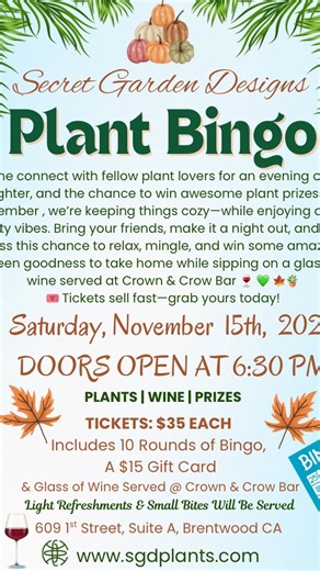 Plant Bingo🌱 🌿We are so excited to announce a second date has been added to November since we’ve received so many messages about our customers being bummed it sold out so quick! ✨Join us for a second night of Plant Bingo in November on Saturday, November 15th, 2025 (Because November 22nd Sold Out So Fast).✨ 🌿Come enjoy an incredible evening where you will have the chance to win highly sought after plants, large statement plants & pots, plant accessories and gift cards all while enjoying 10 ro