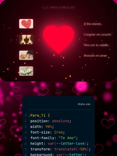 Corazón de Amor para dedicar Corazón congelado con fotos y textos de Amor, programación Html Css y Javascript Regalos personalizados con Html Css y Javascript #amor #teamo #mylove #regalospersonalizados #corazon