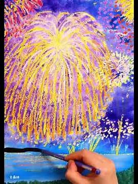クレヨンと水彩絵の具で簡単！楽しい！打ち上げ花火と浴衣姿の人たち #art #painting #watercolor #drawing