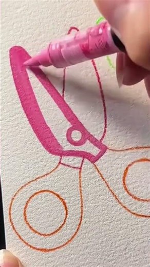 coloring a simple drawing of scissors precisely using a bright pink marker on white paper at home