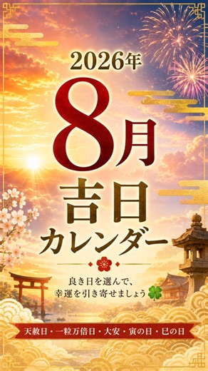 2026年8月 吉日カレンダー｜天赦日・一粒万倍日・大安・寅の日・巳の日をひと目で確認