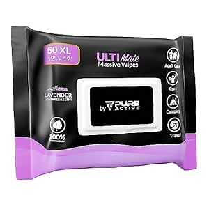 XL Body Wipes for Face and Body, No Rinse Shower Wipes, with Aloe Vera, Vitamin E, and Alcohol Free, 12x12 Lavender 50 Pack