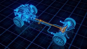 transferring power and torque from Car Internal Combustion Engine to universal joint to Reduction drive to Shafts to wheels 3d render