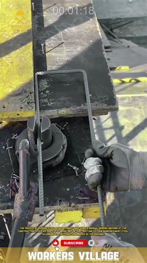 The process of bending steel reinforcement rods using a manual bending machine at the construction