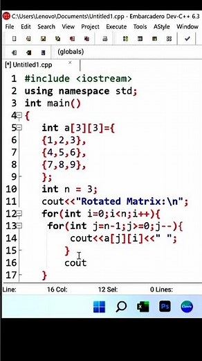 🔄 C++ Matrix Rotation Program | Rotate 2D Array 90 Degrees Easily