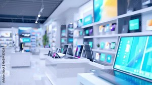 Modern electronics store retail display featuring laptop, tablet, monitor technology in bright, clean, organized layout with sleek interior design
