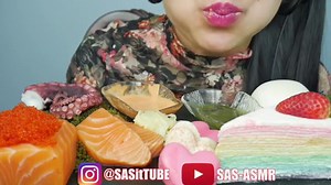 ❤️SAS❤️ on Instagram: "ASMR EATING SOUNDS. To make up for yesterday’s loud fondue full face video! 😂. I put all of my favourite food to film in one video! (At least as much as I can fit on one plate!). Link in bio 👆🏻for full video. . . . What would be your all times favourite combination? . . . #asmr #asmrfood #asmrsounds #asmrcombination #bestcombo #favouritefood #seagrapes #sashimi #octopus #tobikoeggs #crepecake #rainbowcrepecake #mochi #durianmochi #macarons #sogood"