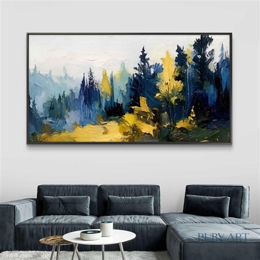 Impressionist Pine Tree Art | Original Woodland Landscape | Deep Blue and Gold Textured Wall Art - Etsy