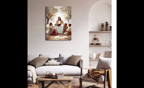 Jesus With Children Canvas Wall Art Christian Kids Room Wall Decor Picture Jesus Teaching Children Watercolor Poster Print for Kids Room Bedroom Church Decorations Ready To Hang