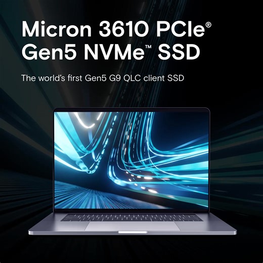 Redefining client storage for the AI era: Meet the Micron 3610 PCIe® Gen5 NVMe™ SSD — the world’s first Gen5 G9 QLC client SSD. #AI PCs and ultrathin devices demand storage that delivers speed, capacity and efficiency without compromise. The Micron 3610 — powered by proven G9 QLC NAND — brings data center innovation to client computing, enabling faster content creation, accelerated AI experiences and faster workflows at scale. High capacity. Low power. Enhanced security. Mainstream performance. 