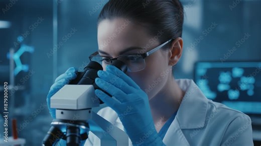 Female scientist laboratory microscope research science biology medical analysis modern lab with calm precision and focused determination during