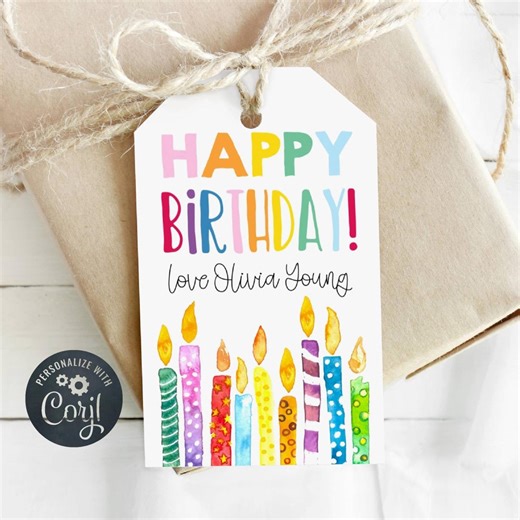 Happy Birthday Gift Tag Template, Printable Rainbow Candles Favor Tag, Editable Colorful Birthday Tags, Instant Download - Etsy