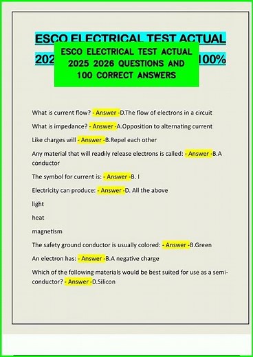 ESCO ELECTRICAL TEST ACTUAL 2025 2026 QUESTIONS AND 100 CORRECT ANSWERS video
