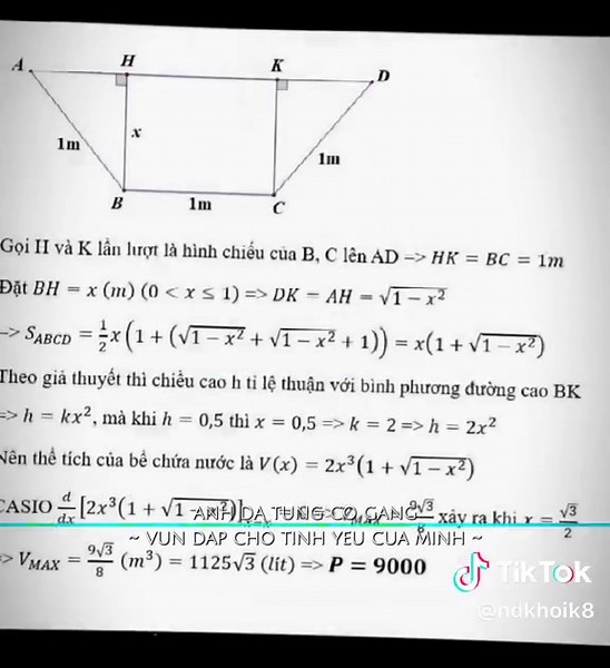 Toán 12 (1 ứng dụng cơ bản của đạo hàm kết hợp CASIO để tìm thể tích MAX)