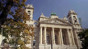 Old Hungarian Ethnographic Museum building exterior, Budapest, Low angle revealing shot