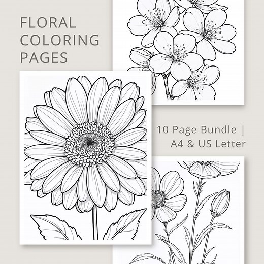 Printable Flower Coloring Pages PDF - 10 Simple Line Art Designs for Adults and Kids - Zinnia, Rose, Tulip - A4 US Letter - LN-C01 - Etsy