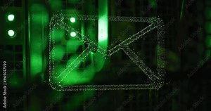 Animation of email icon and digital data processing over computer servers