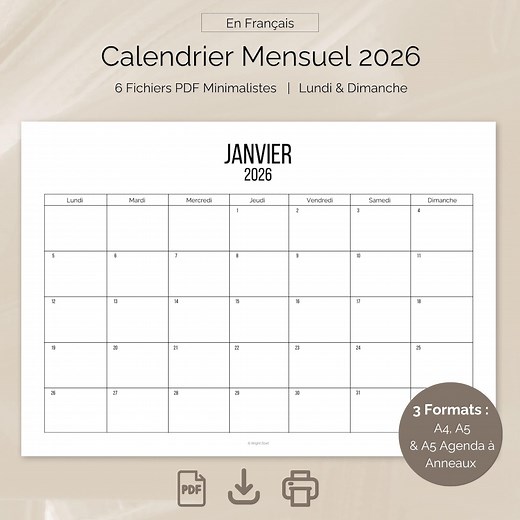 Calendrier 2026 Français à Imprimer PDF – Agenda 2026 de bureau, Planner Digital A4 A5, Calendrier Imprimable Minimaliste, Bujo & Filofax - Etsy France