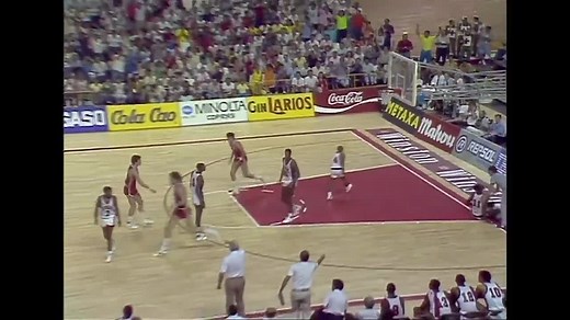 21-year-old Arvydas Sabonis posterizes 20-year-old David Robinson with the putback slam in the 1986 FIBA World Cup Final