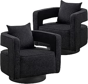 Swivel Barrel Chair Set of 2, Modern Teddy Round Accent Chairs Curved Open Back, 360 Degree Swivel Arm Chair with Pillow, Single Sofa Chair for Living Room Bedroom,Black