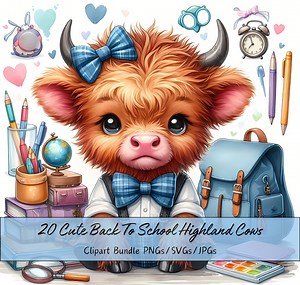 Cute Back to School Highland Cows Clipart Bundle, Watercolor Cow Clip Art Images, High Quality Animals File, Digital Teacher Animal Graphics - Etsy