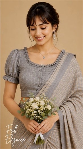 Looking for a classy and elegant saree blouse design?Elegant Grey Checked Cotton Saree Blouse Design