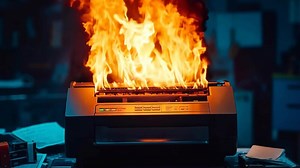 Download A printer on fire in an office setting for free