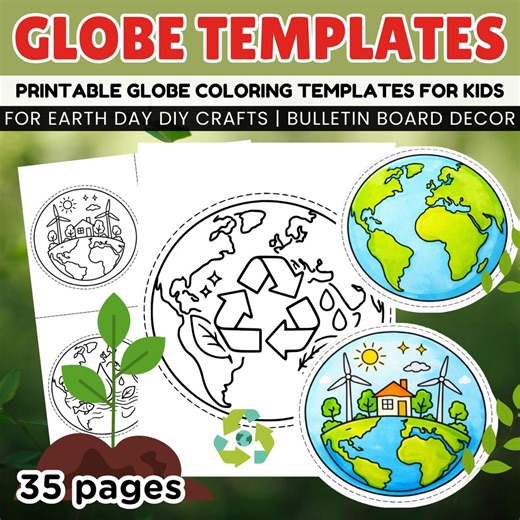 Globe Coloring Templates for Kids | Earth Day Craft, Bulletin Board Decor (printable PDF) - Etsy
