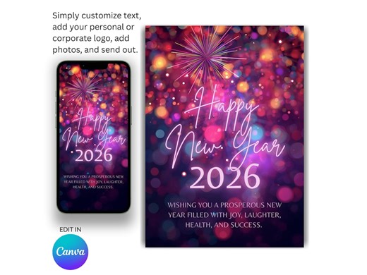 Editable Happy New Year Greeting Card Template | Digital Download | Print and Mobile Size - Etsy