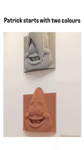 Stonky funny on Instagram: "The X post showcases a 11-second timelapse video of crafting a 3D relief sculpture of Patrick Star using undulating layers of gray and terracotta strips, starting from two basic colors to build depth and form. This layered art technique relies on parallel incisions in materials like cardboard or foam to create optical illusions of volume, a method popularized in viral social media crafts for its simplicity and visual impact. Posted on December 3, 2025, it quickly amas