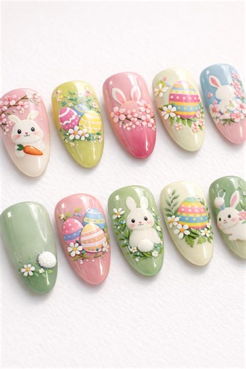 Easter Bunny Press on Nails, Pastel Spring Egg Nails, Floral Bunny Nail Art, Handmade Reusable Kawaii Press on Nails for Women - Etsy