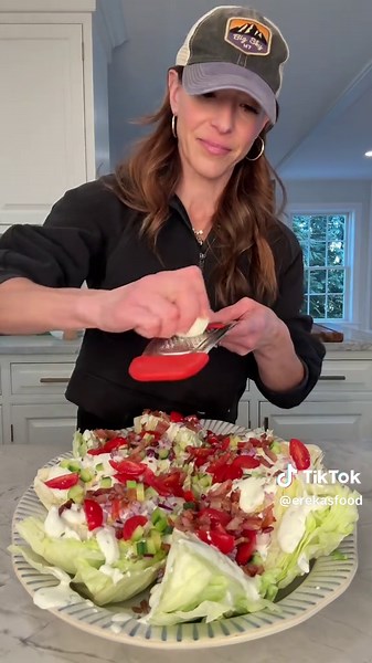 SAVE my High-Protein Lower Cal WEDGE SALAD for to serve at your next dinner party or on Easter Sunday! High-Protein Blue Cheese Dressing 2 ounces blue cheese ⅓ cup low fat cottage cheese ⅓ cup low fat Greek Yogurt 1 ½ tbsp olive oil 3 tsp red wine vin ½ tsp salt 2 tbsp chopped parsley 2 heads of iceberg lettuce ½ English cucumber diced 3 pieces crispy bacon or turkey bacon chopped 1 pint grape tomatoes sliced in ½ ½ red onion diced 3 hard boiled eggs -Add the first 6 ingredients to a blender and