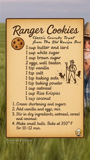 1.3M views · 9K reactions |  Ranger Cookies from Grandma’s Recipe Box! Crispy edges, chewy middles, and the crunch of Rice Krispies  Mix, scoop, bake—done in minutes!  Save now — Bake later! #Cookies #VintageStyle #Bakery #OldSchool | Easy Family Recipes | Facebook