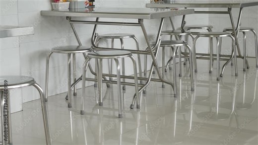 stainless steel round stools and folding tables in a clean modern Asian restaurant