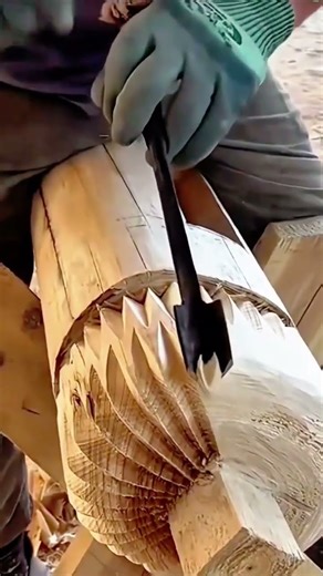 Carving Wooden Cylinders Manually Using Sharp Chisels for Professional Woodcraft Works