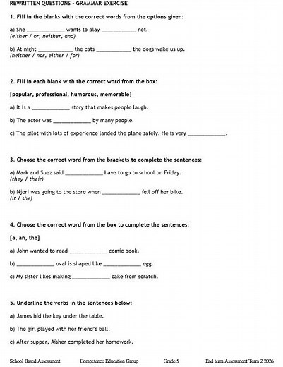 Grade 5 English Grammar End of Term 2 2026 Exam with Marking Scheme