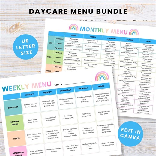 Weekly Daycare Menu Planner Bundle, Preschool Monthly Meal Planner, Editable Canva Template Printable PDF, Weekly and Monthly Bundle - Etsy Australia