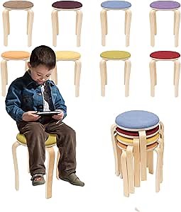 8 Pcs Colorful Stackable Wood Stools, Stackable Sponge-Filled Round Classroom Stools, Upholstered Backless School Chairs for Home and School, Soft Cushion, 12.2in Wide-Tabletop, 16.9in Heigh