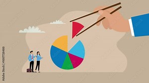 Gamma arm fingers hold chopsticks with center of expense and spending pie chart cartoon animation