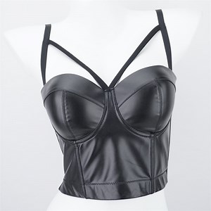 [Hot Item] Cross Strap Spliced Leather Halter Sexy Girls Corset Black Bungee Tops